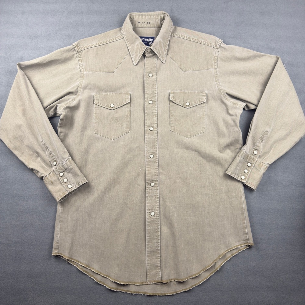 Wrangler Western Pearl Snap Shirt Mens 16.5x35 Khaki Tan Cotton Distressed USA